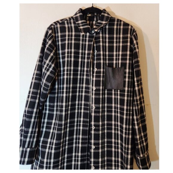 MAJE Grunge Leather Trimmed Plaid Flannel Shirt - Picture 5 of 9